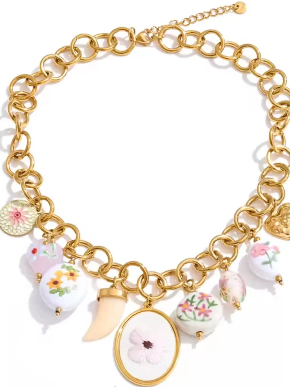 Vintage Floral Porcelain Charm Necklace